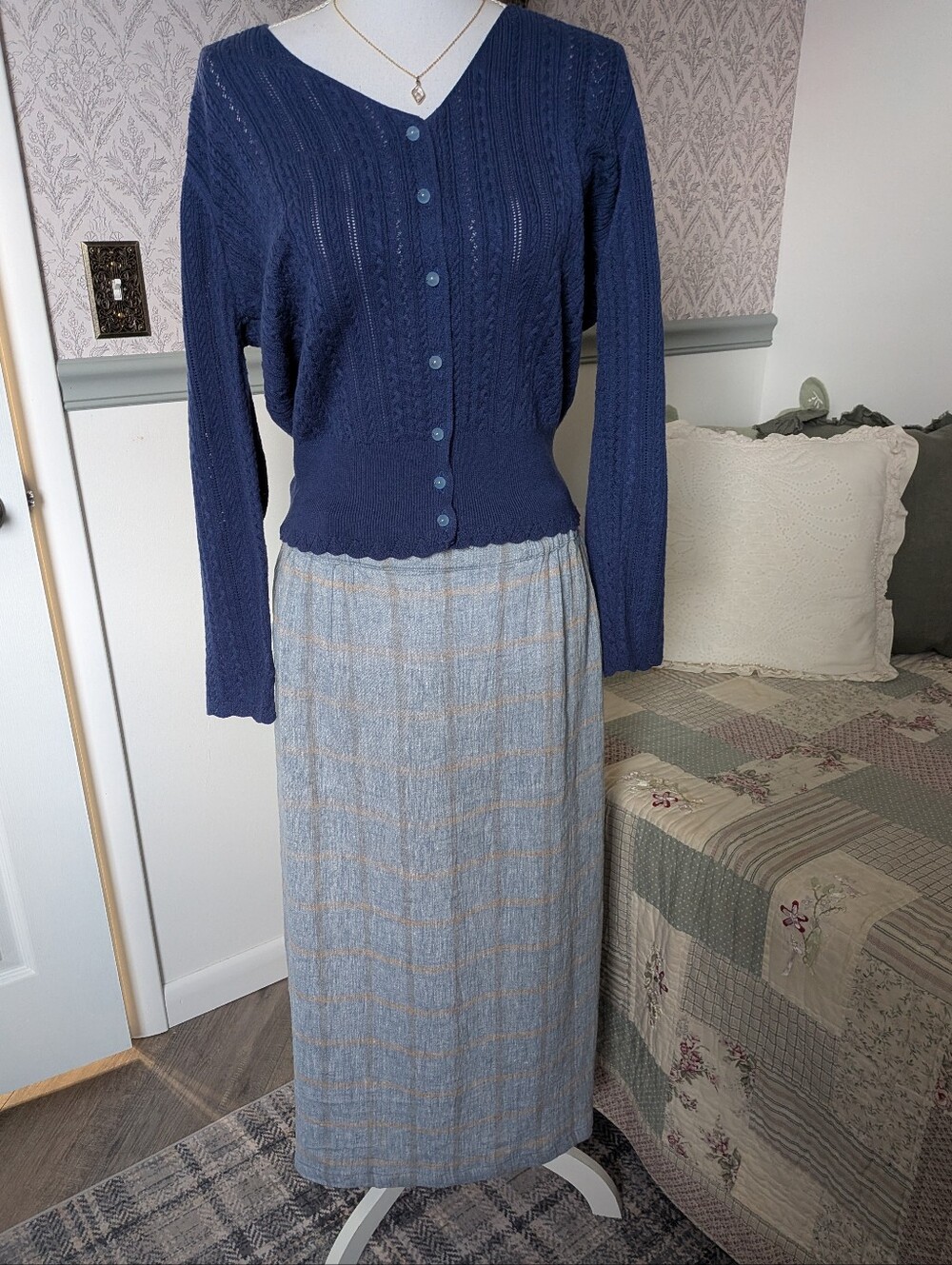 Poetry Linen Cotton Blue Windowpane Plaid Midi Skirt UK 20 US 16 Pockets